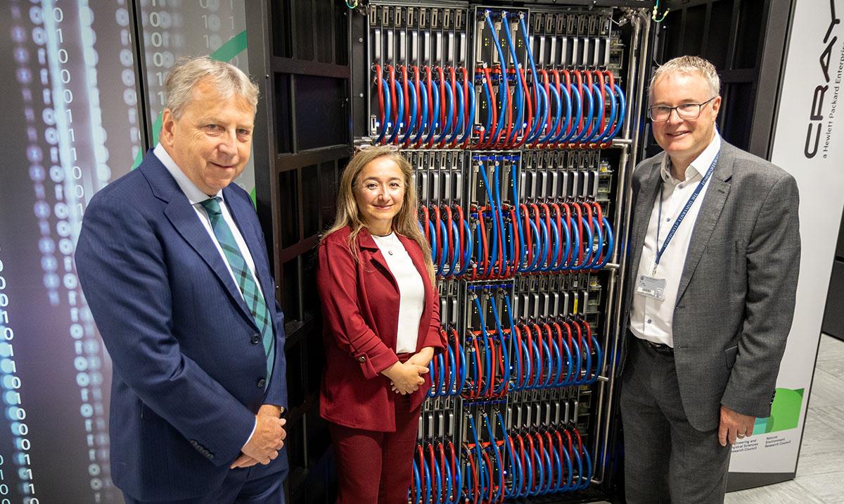 Professor Sir Peter Mathieson with Feryal Clark, Parliamentary Under-Secretary of State at the Department for Science, Innovation and Technology, and Prof. Mark Parsons, EPCC Director