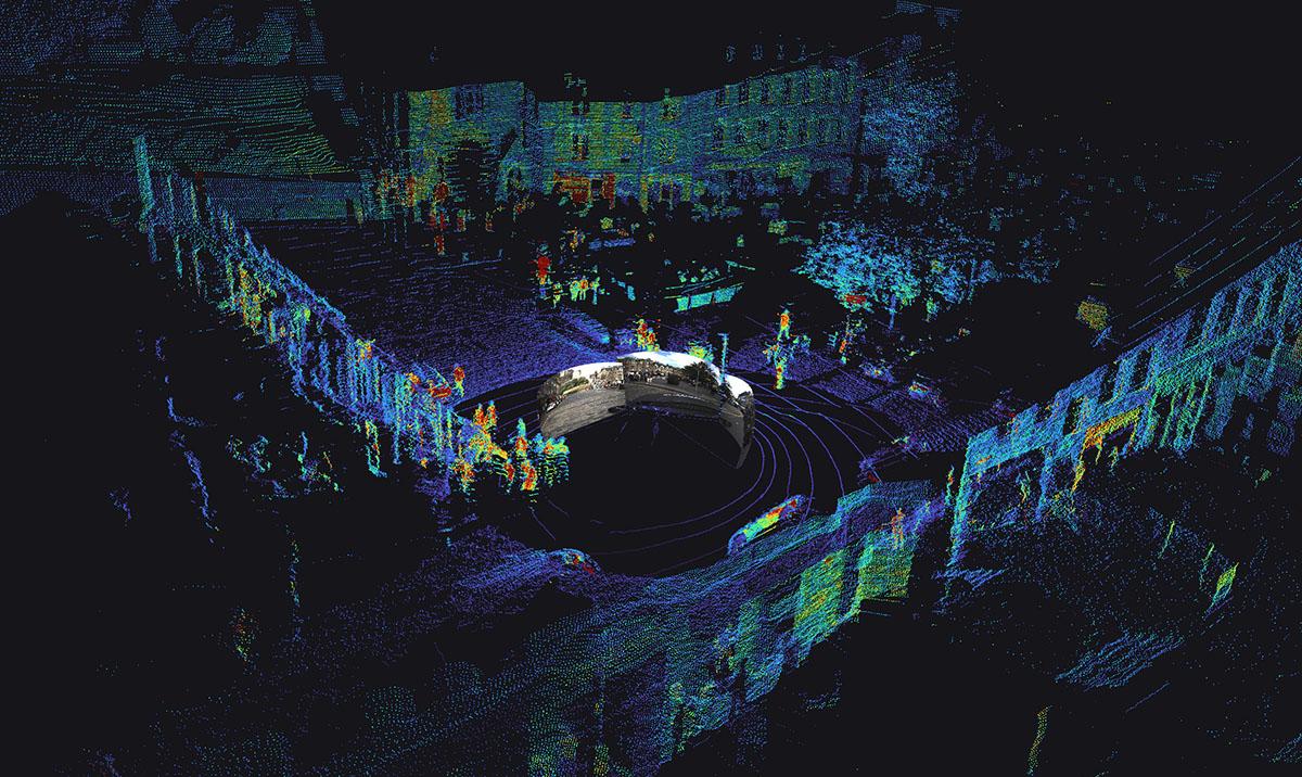 Image shows perception testing of automous vehicle in the Grassmarket area of Edinburgh.