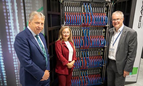 Principal of the University of Edinburgh Peter Mathieson with Feryal Clark,  Parliamentary Under-Secretary of State at the Department for Science, Innovation and Technology, and Prof. Mark Parsons, EPCC Director